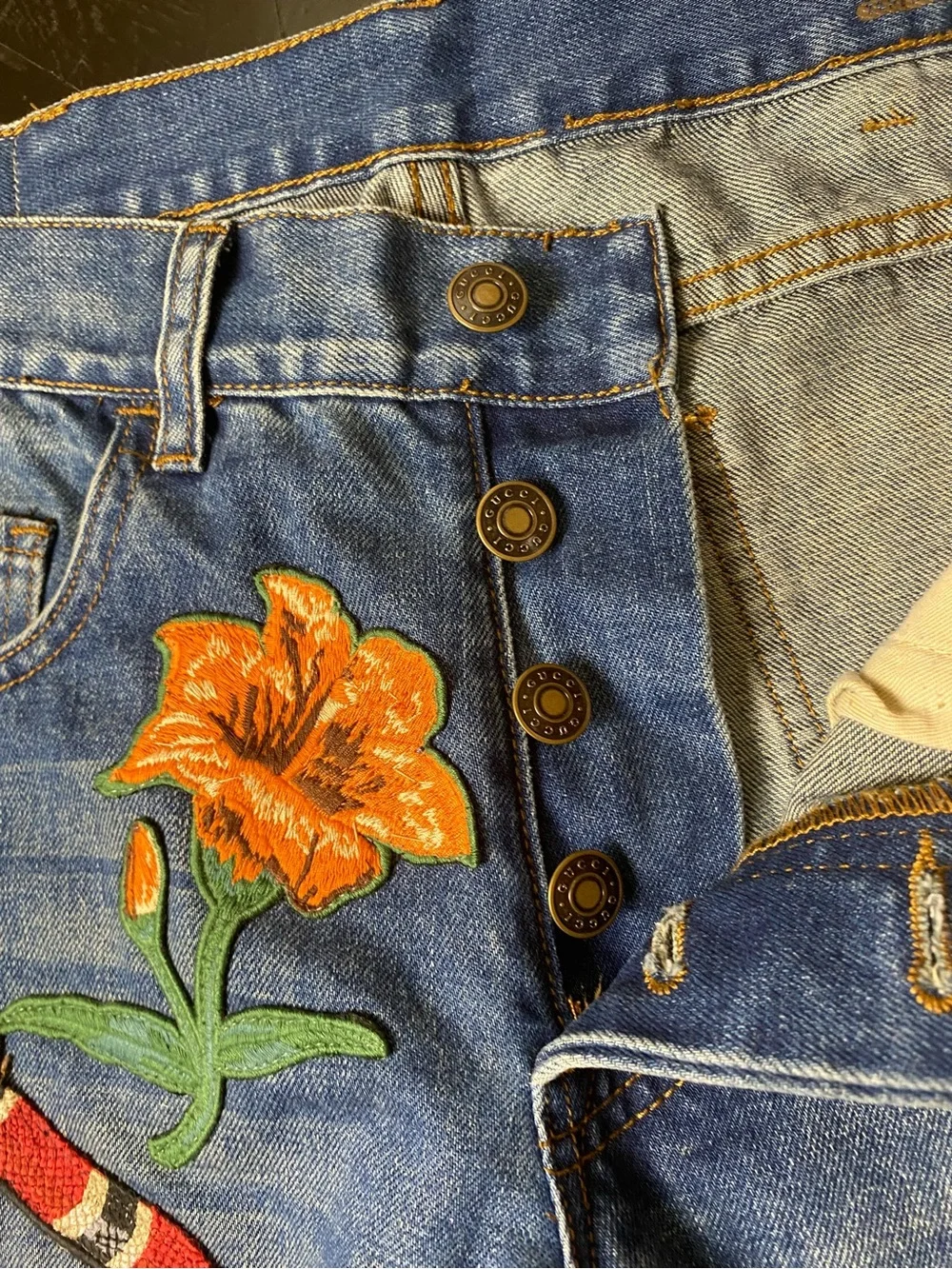 Gucci Blue Denim Skinny Jeans with Red Snake and Orange Flower Embroidery